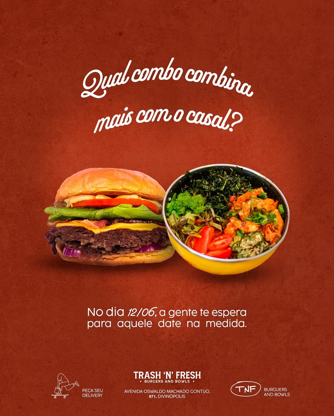 Peça de Dia dos Namorados: burger e bowl lado a lado sobre fundo vermelho, com a pergunta Qual combo combina mais com o casal?